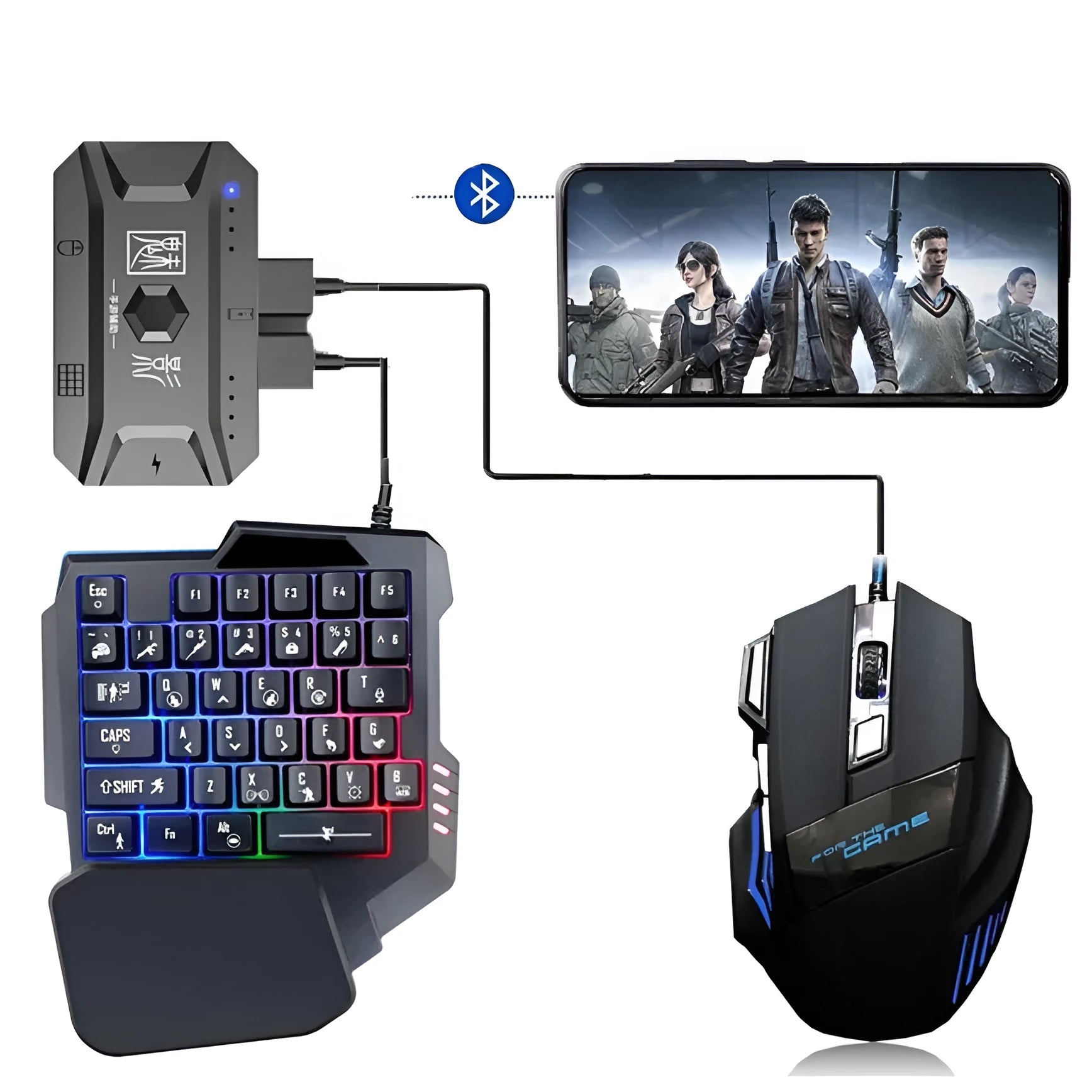 Grey ABS plastic mobile gaming keyboard and mouse converter set with USB cable