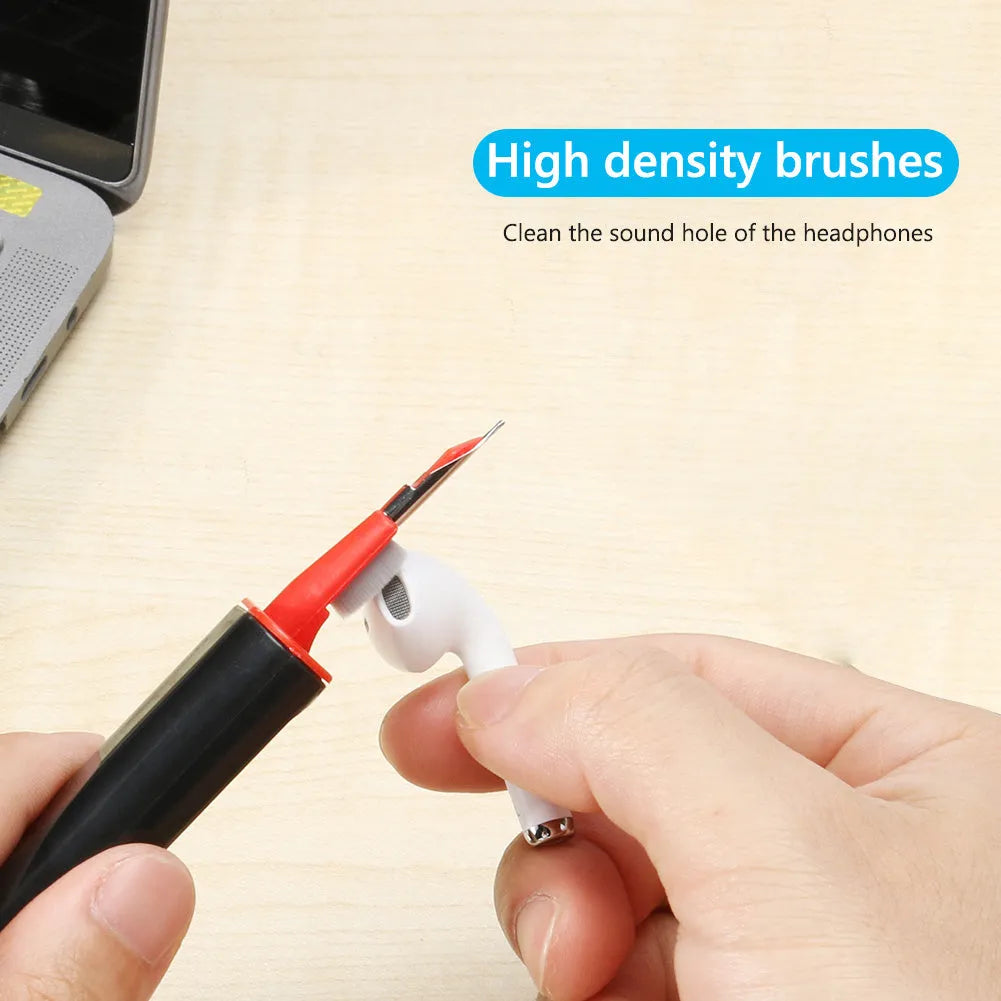 White and red AirPods cleaning pen with brush heads and flocking sponge for wireless earphone case cleaning