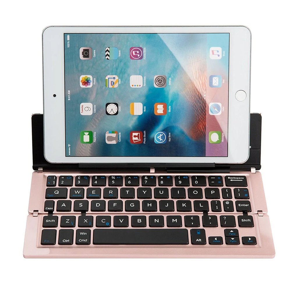 F18 three-fold folding aluminium alloy Bluetooth keyboard in silvery finish, folded to compact size