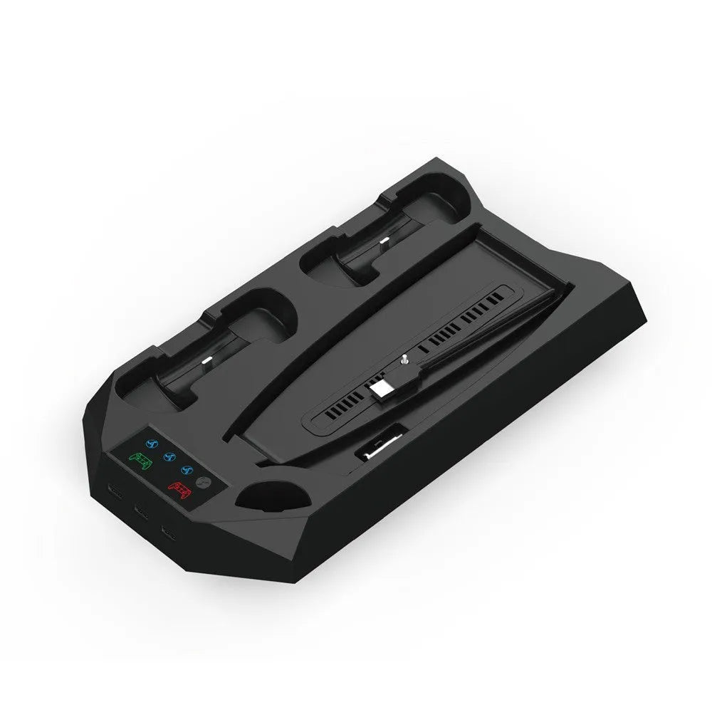 PS5 charging station with integrated cooling radiator in black colour showing controller charging ports