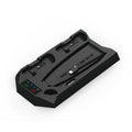 PS5 charging station with integrated cooling radiator in black colour showing controller charging ports