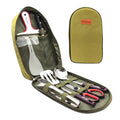 8-piece stainless steel camp kitchen cooking utensil set in black Oxford storage bag on green background