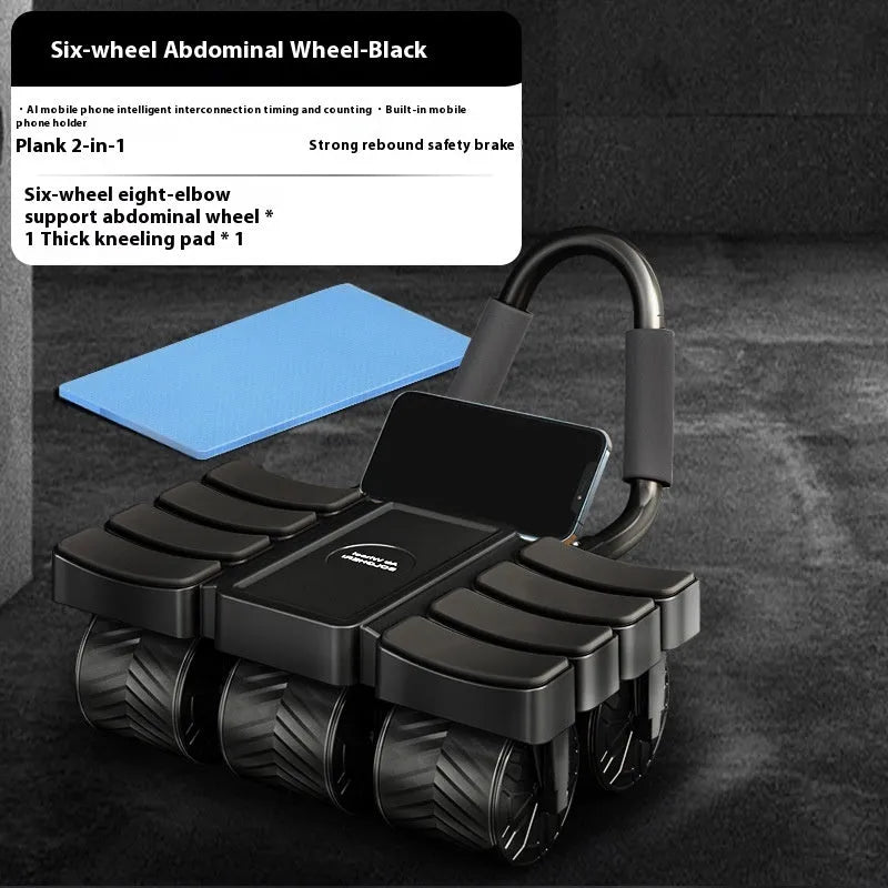 Six-wheel eight-elbow abdominal wheel with AI app in Knight Black, kneeling pad included, on a home gym floor