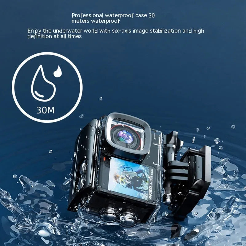 4K60 waterproof action camera with dual colour screen and 30m housing on a white background