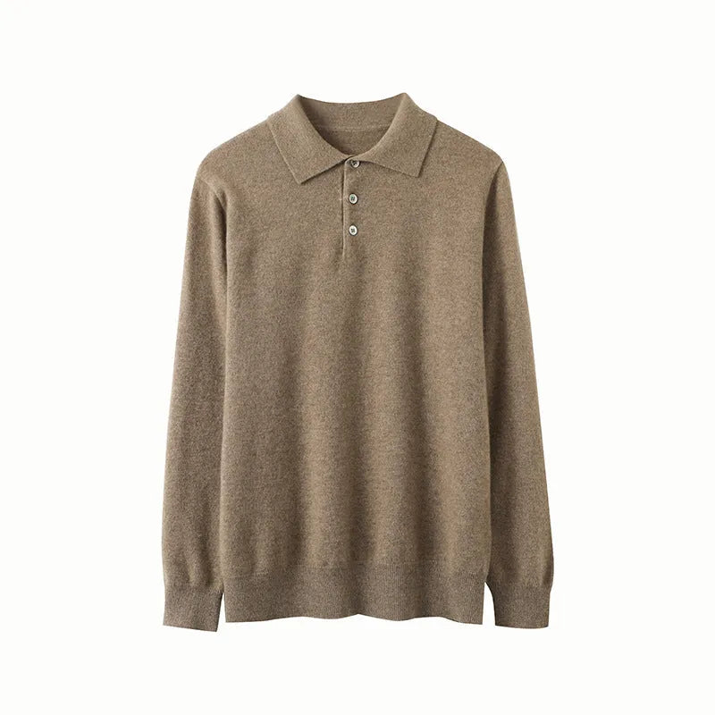 A sapphire blue men's cashmere pullover sweater with a polo collar, shown in a loose fit.