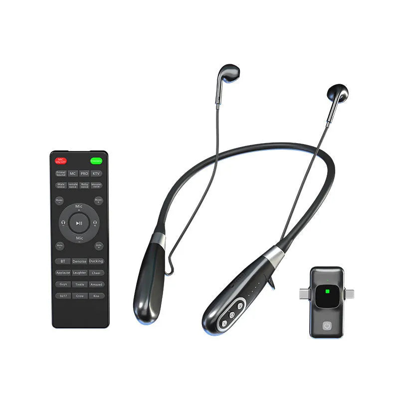 E8 wireless microphone headset sound card integrated unit in neck hanging halter style for mobile live streaming