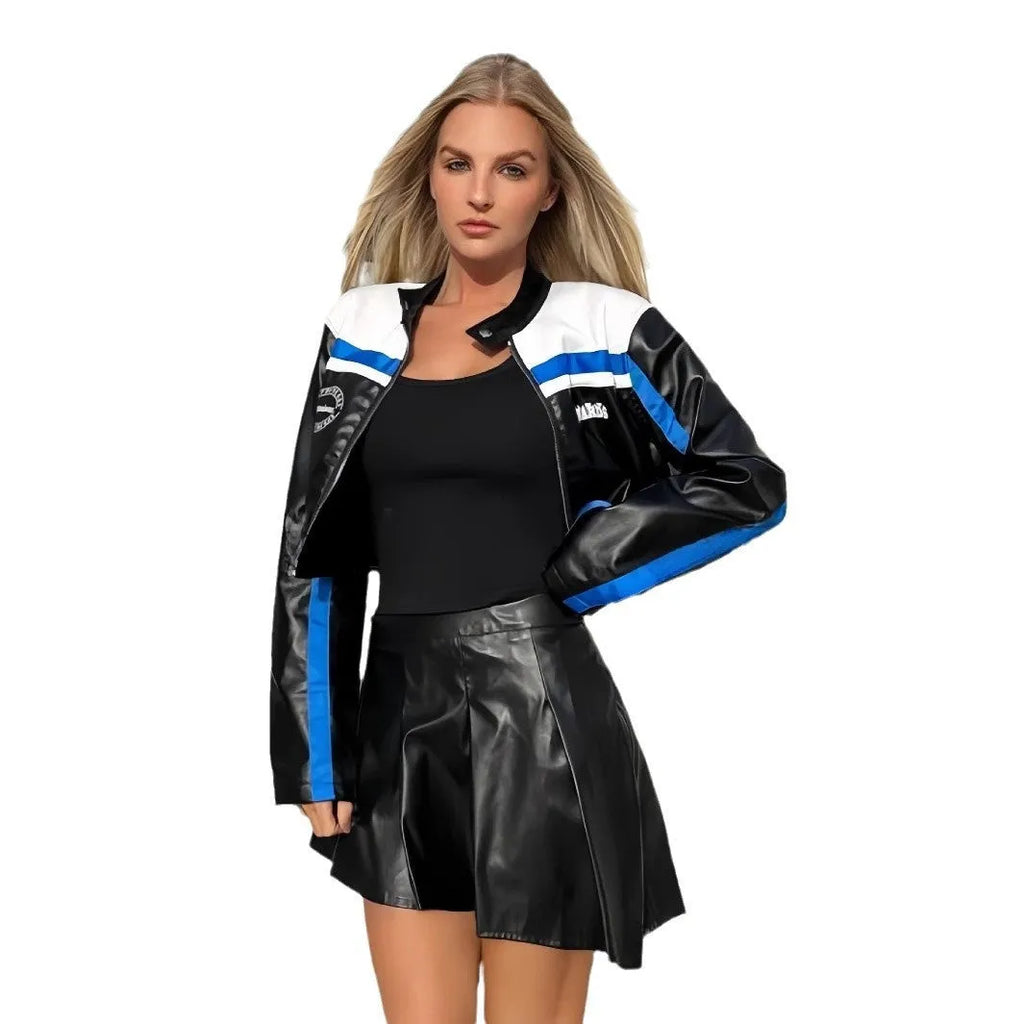 Women's short 40cm striped zipper coat in Black Red colour with full-length front zipper and long sleeves