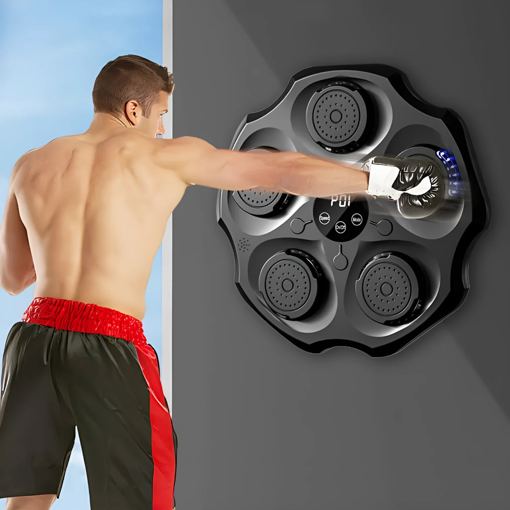 Black Bluetooth music boxing wall target hanging on a wall with paired adult boxing gloves.