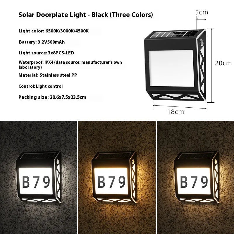 Solar powered waterproof doorplate light with LED digital display for house numbers