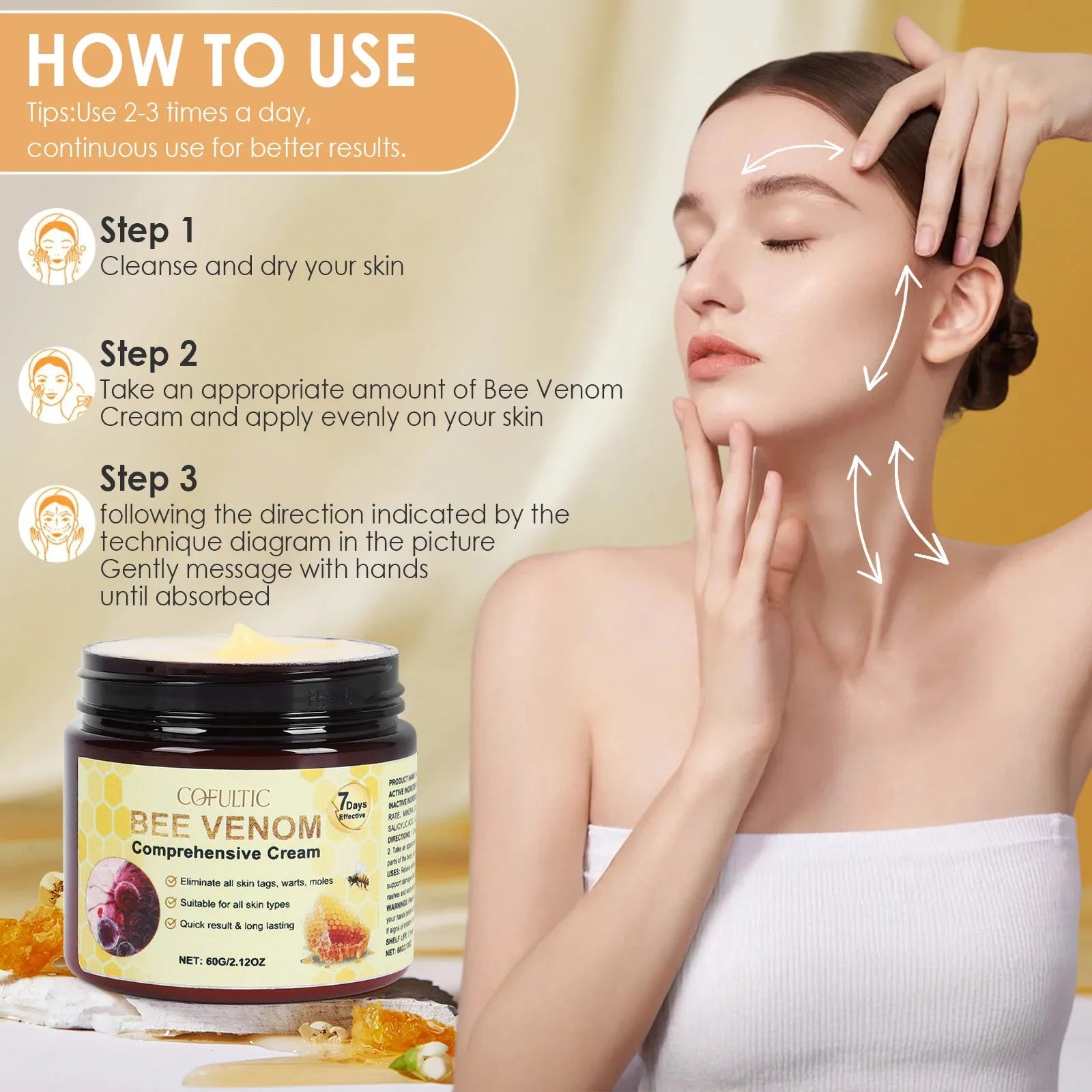 Cofutic 60g bee venom body cream in a small jar, gentle hydrating formula for daily use