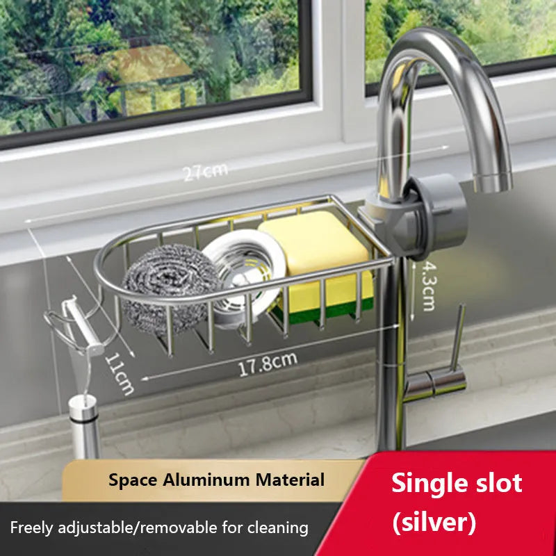 Silver aluminium kitchen faucet rack drain basket mounted on tap with double basket and towel bar