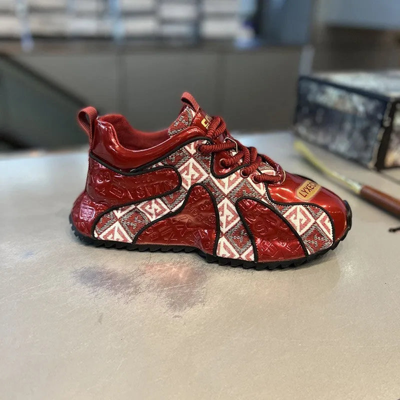 Men's platform trainers in scarlet colour with round toe and lace-up front