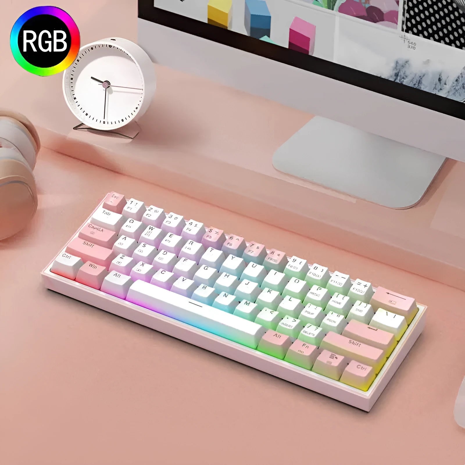 Wireless Bluetooth 61 key mechanical keyboard with RGB backlight in greywhite colour option