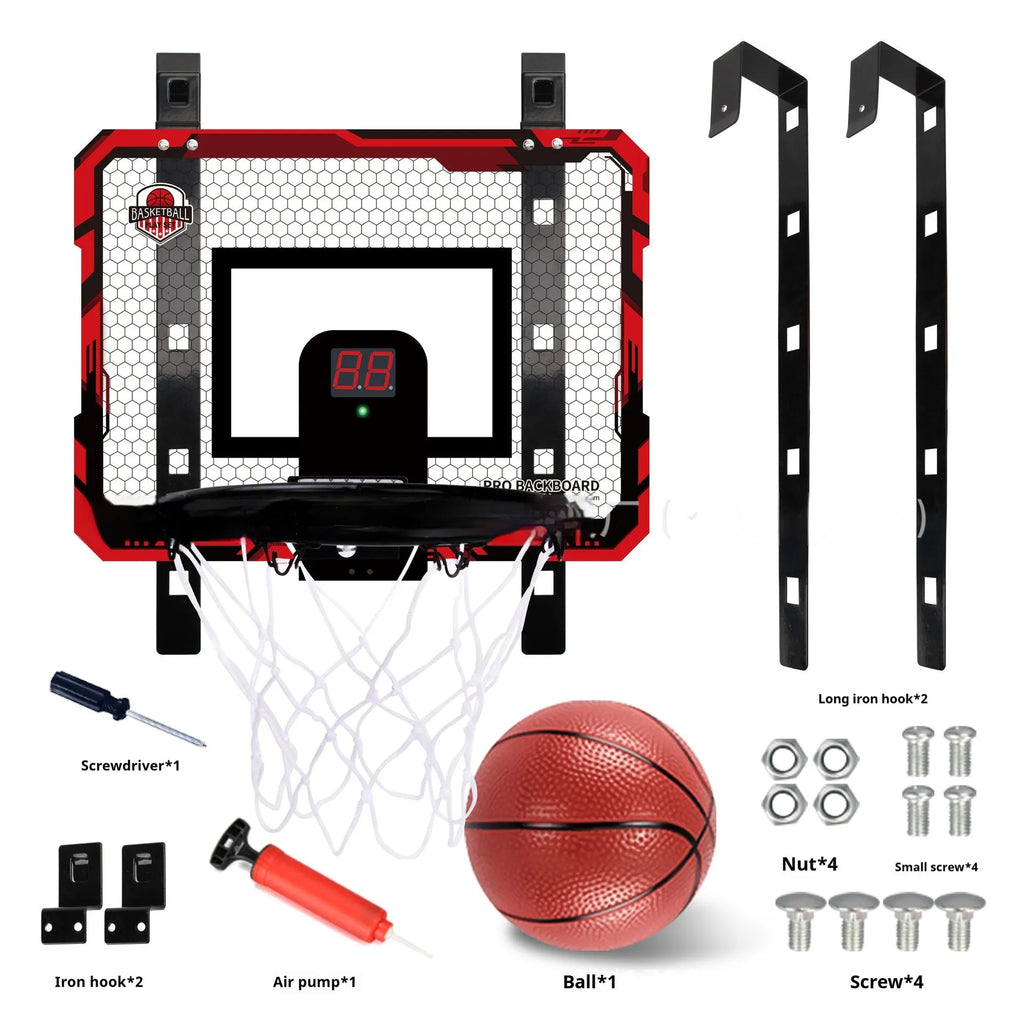 Folding basketball dunk frame with blue parallel panels and suction cup mounts for indoor walls.