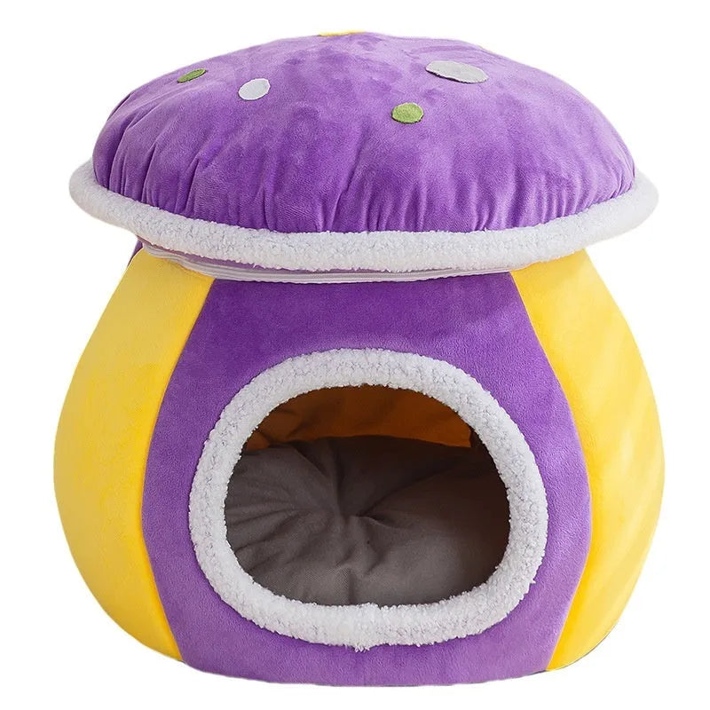 Grey mushroom-shaped cat bed made of thick plush, with a removable blanket inside.