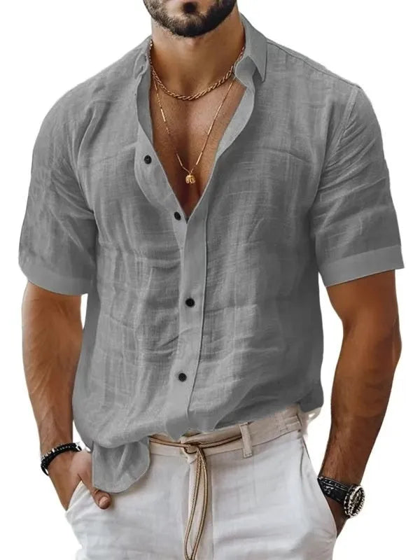 Men's solid colour lapel shirt with short sleeves in cotton linen blend fabric