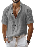 Men's solid colour lapel shirt with short sleeves in cotton linen blend fabric