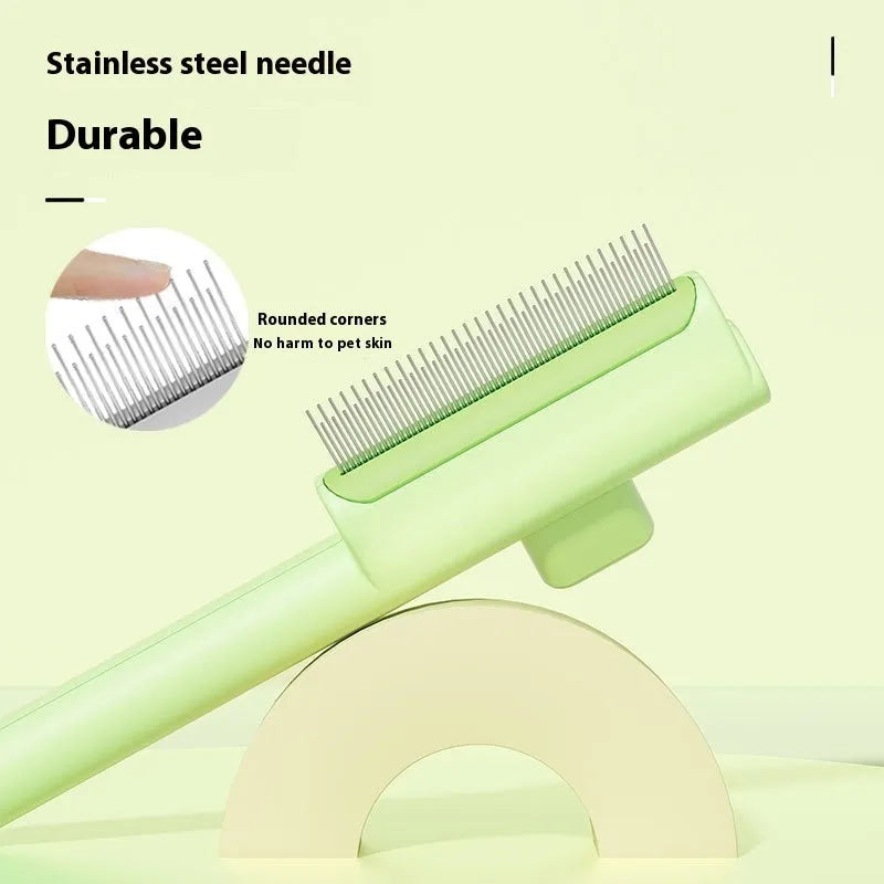 Pet comb with one-click hair removal and knot opening, ABS material, 19x7cm size, dense gear style in white.