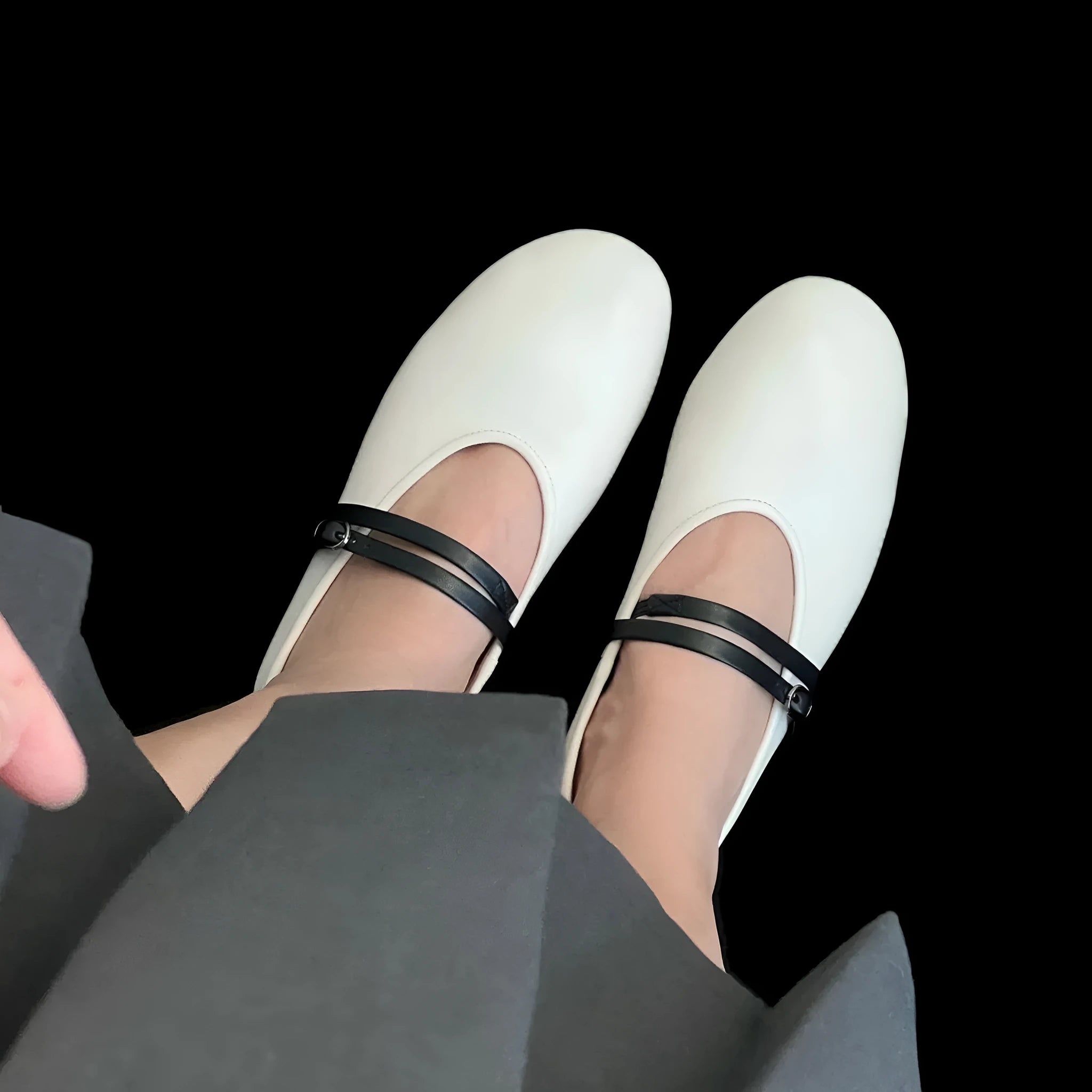 White sheepskin Mary Jane shoes round toe shallow mouth buckle low heel flat women