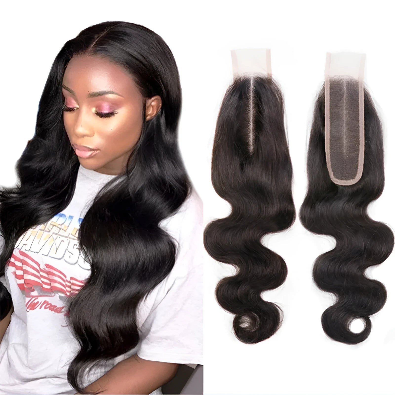 Straight human hair wig in natural colour with exotic style on display
