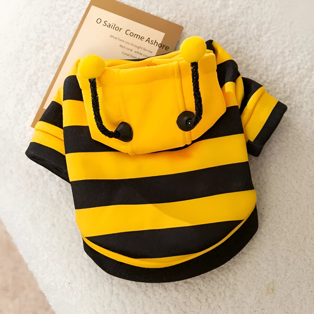 Bee antenna pet hoodie in yellow and black stripes with back belt hook, sizes XS to XXL