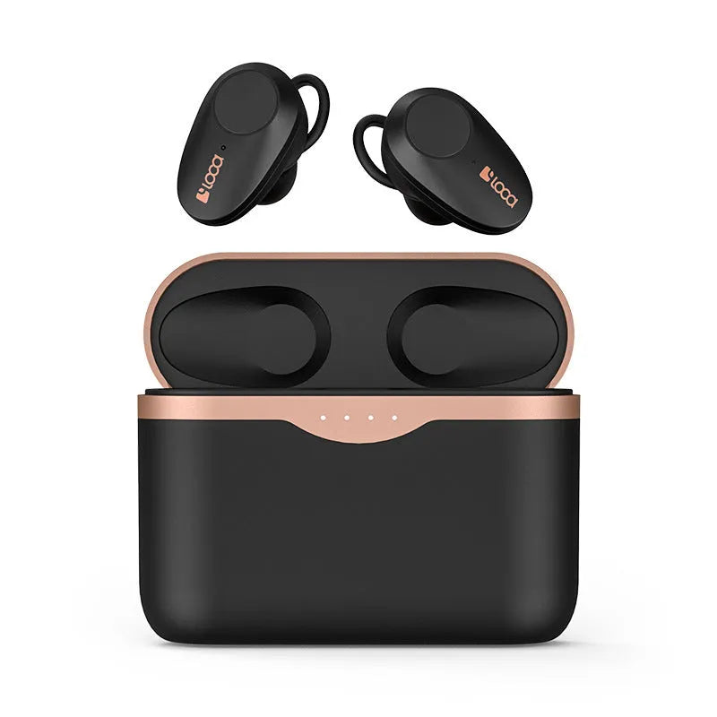 Black wireless Bluetooth headphones with charging stand showing true wireless stereo design
