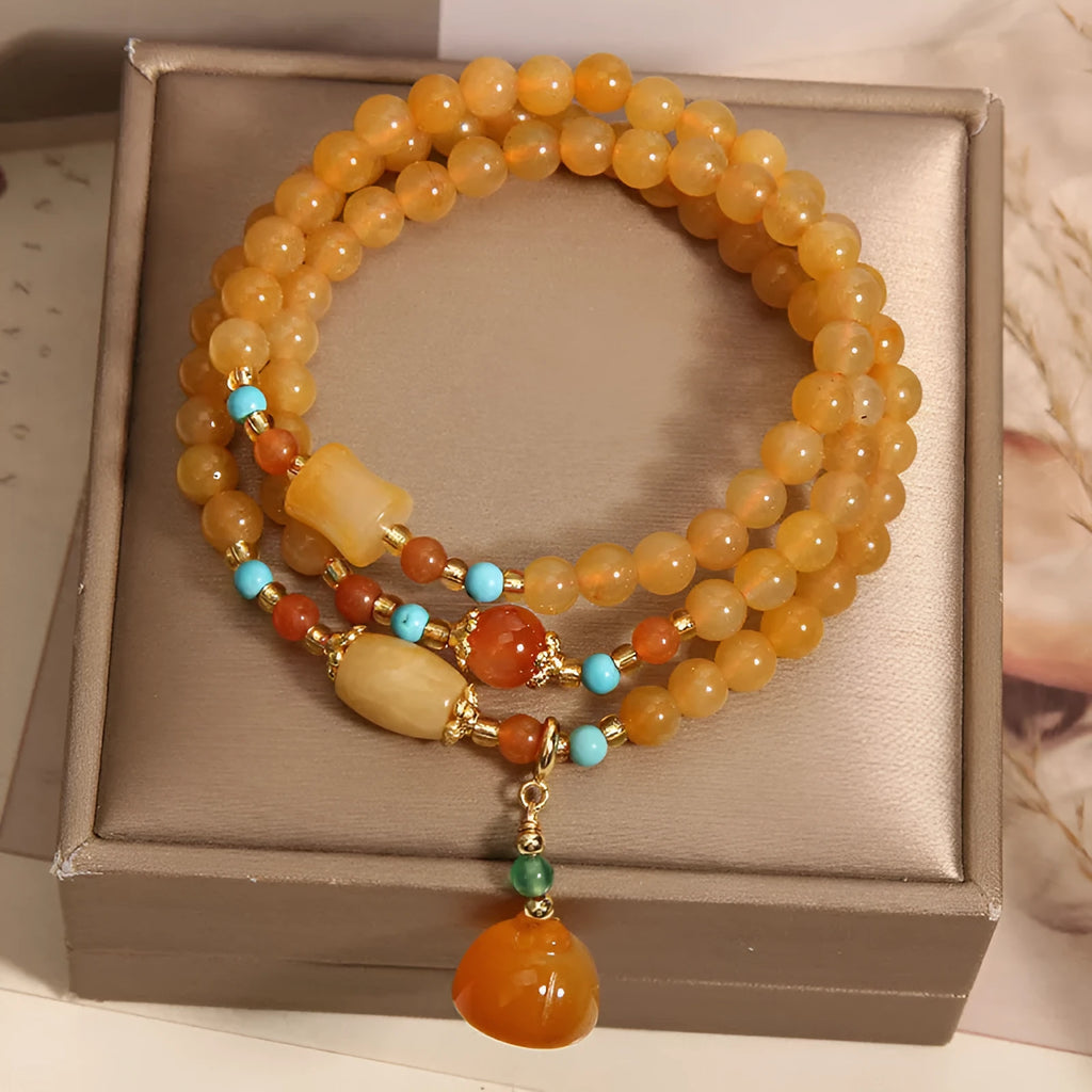 Three-layer jade bracelet with carved lotus seedpod pendant, Jinsi jade, women's retro style