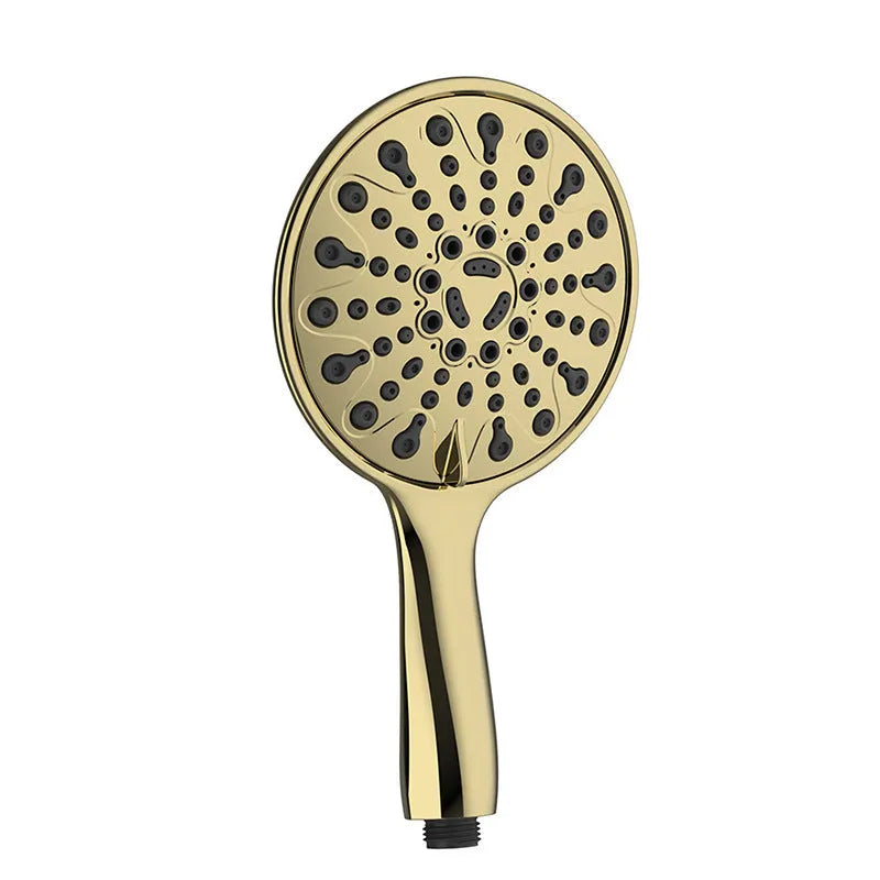 Six-function handheld shower head with electroplated finish showing multiple spray pattern options