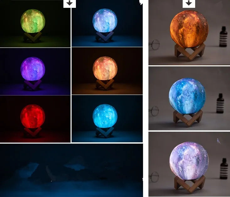 3D-printed white lunar sphere LED night light on a dark surface, showing touch and remote control.