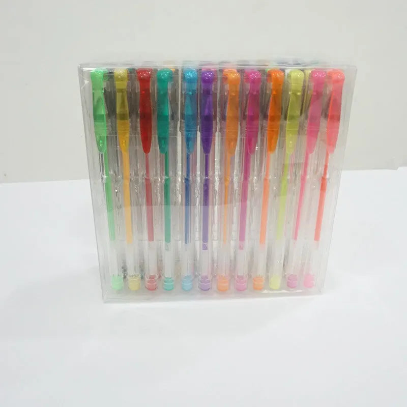 Set of 100 assorted colour gel pens with plastic shells on a white background.