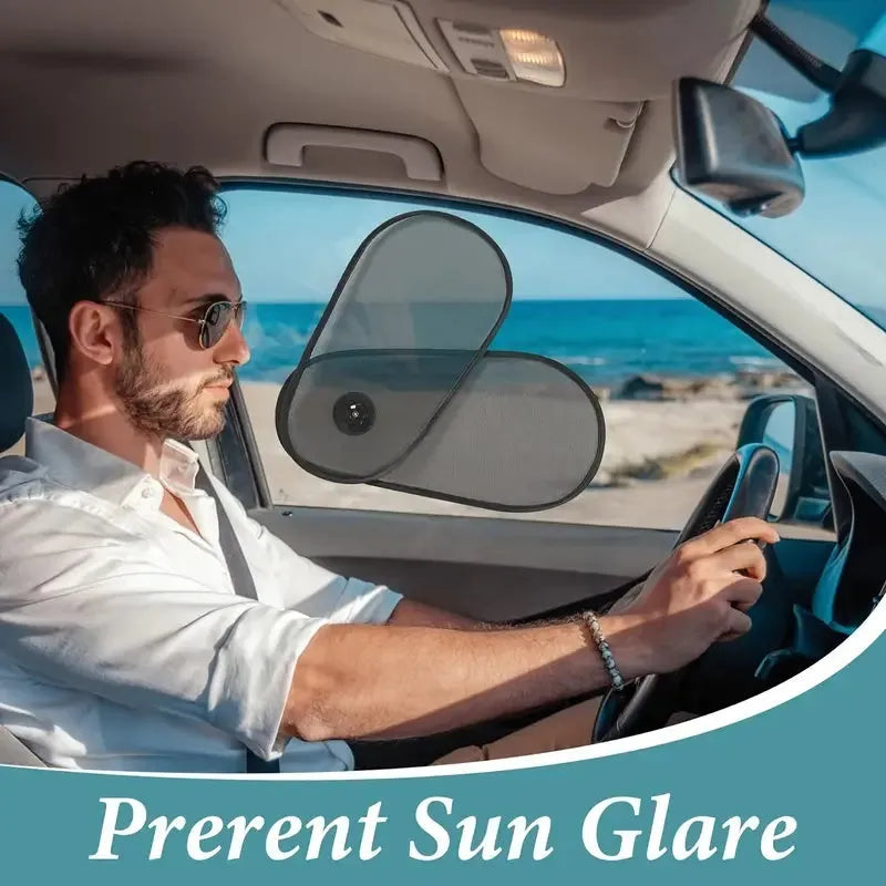 Black breathable car side window sunshade stretched over glass with suction cups.