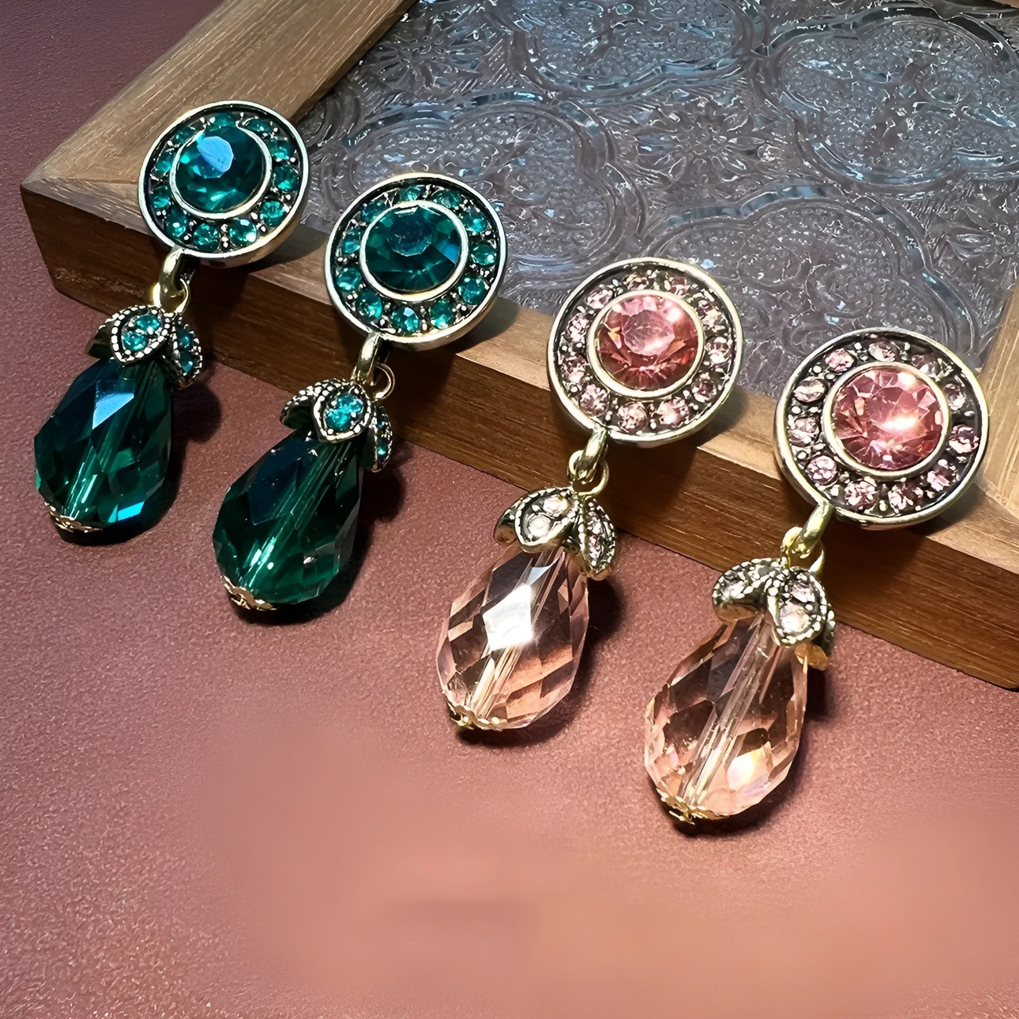 Pair of high-grade crystal zircon drop earrings in green and pink with glossy glass glaze finish