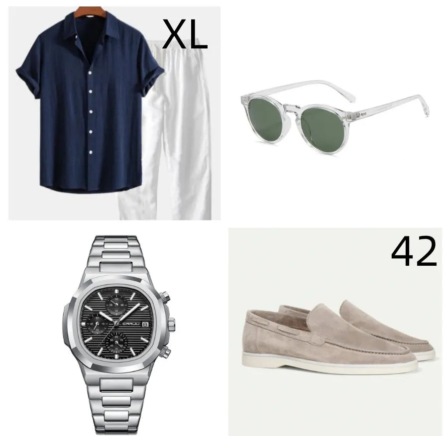 Casual cotton and linen beachwear suit with short sleeves and trousers in multiple colour options