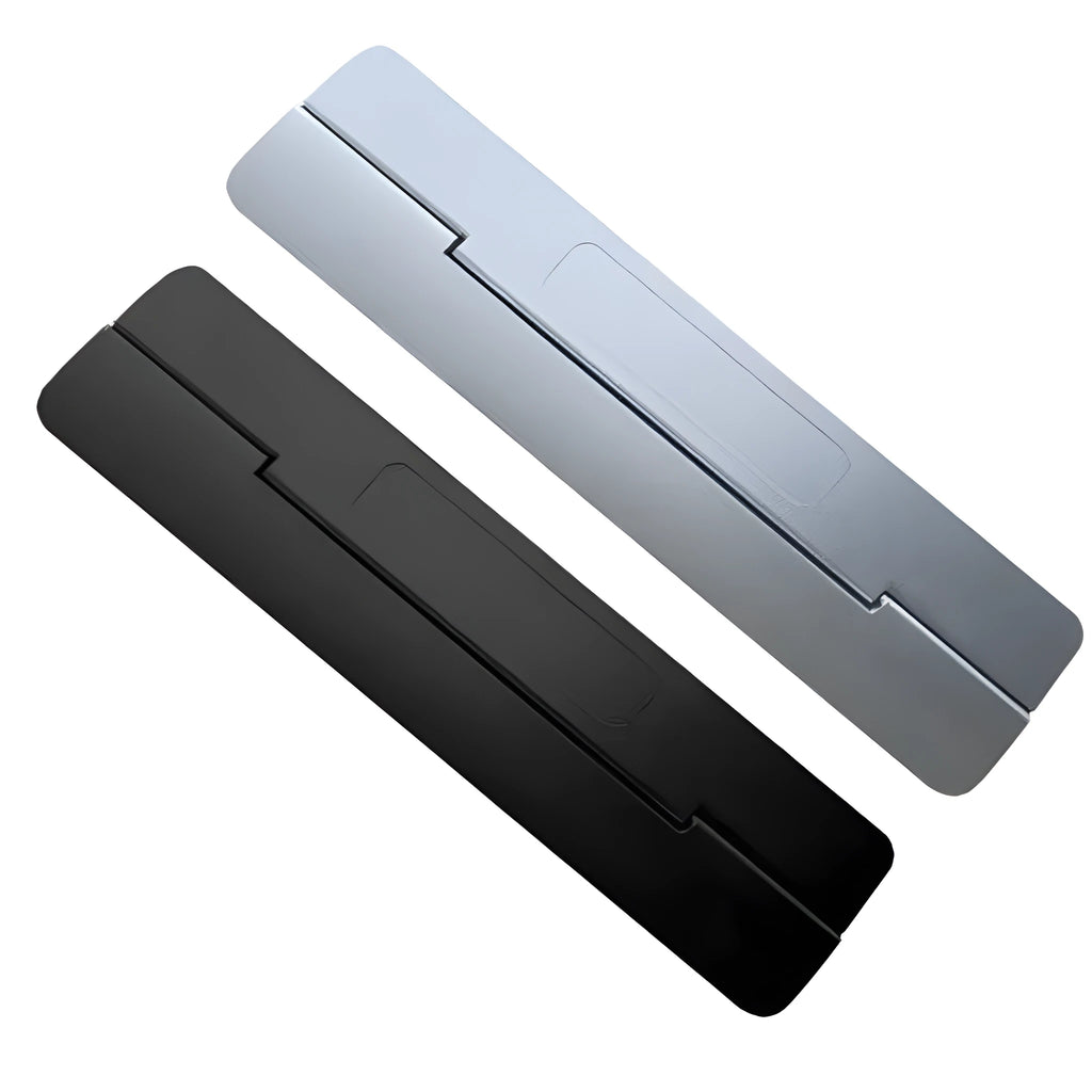 Folding notebook cooling bracket in black on a desk showing raised position for laptop heat dissipation