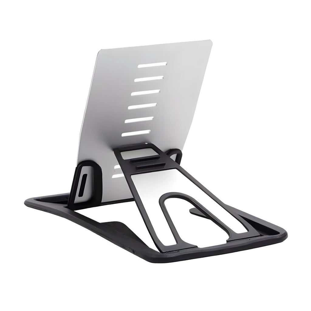 Black card phone holder measuring 8.5cm by 5cm on desktop surface