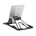 Black card phone holder measuring 8.5cm by 5cm on desktop surface