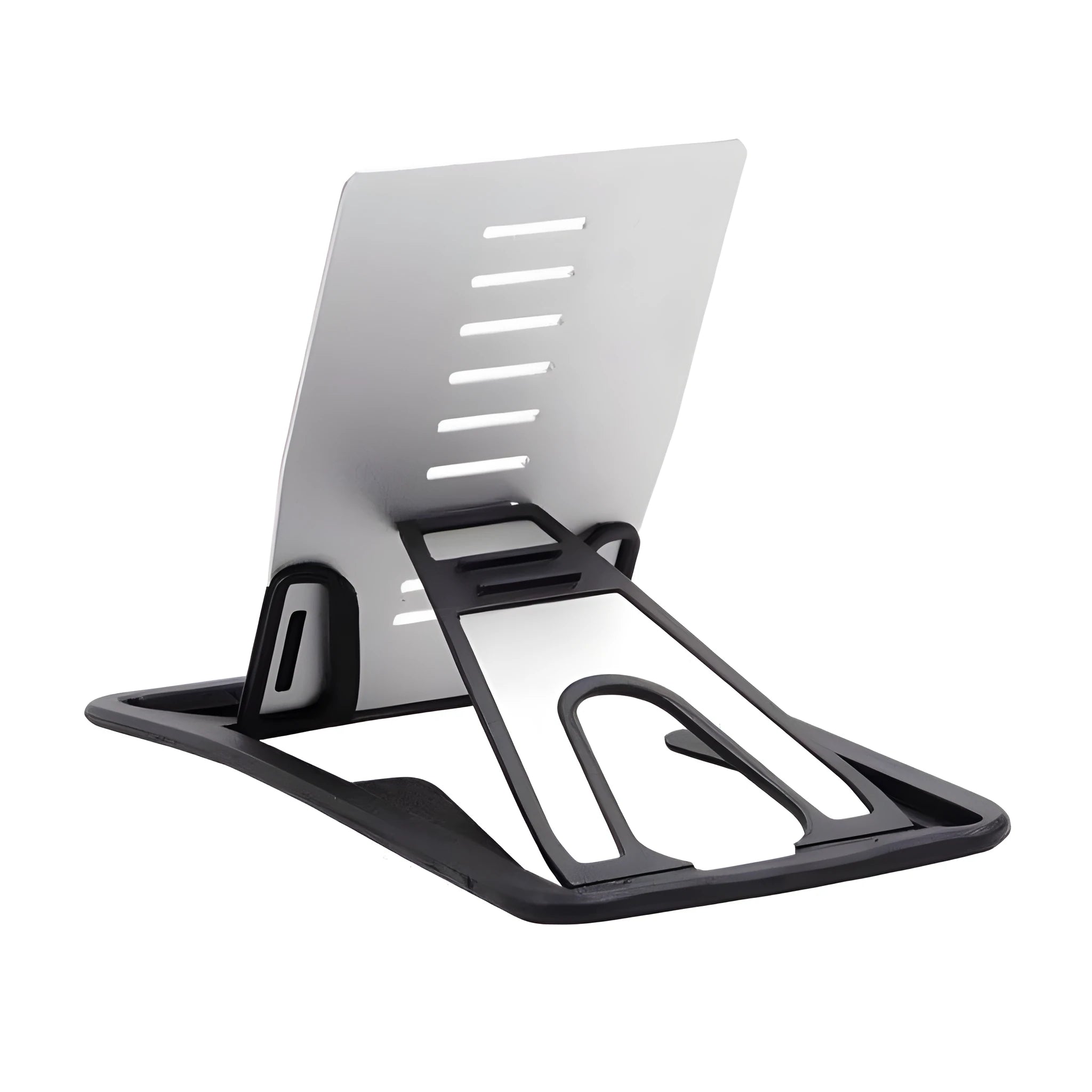 Black card phone holder measuring 8.5cm by 5cm on desktop surface