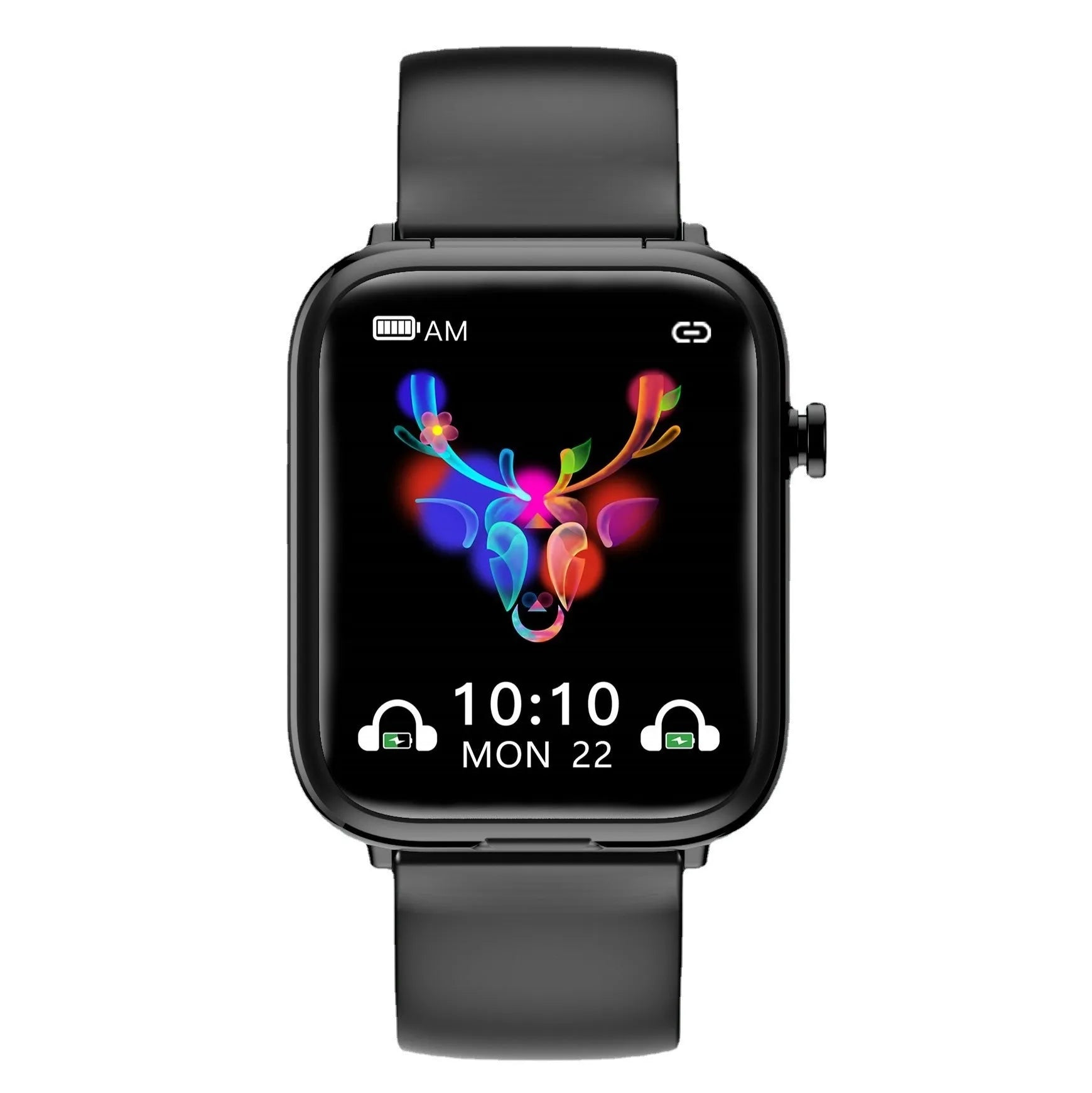 Black zinc alloy smartwatch with Bluetooth earpieces in charging case on a white background.