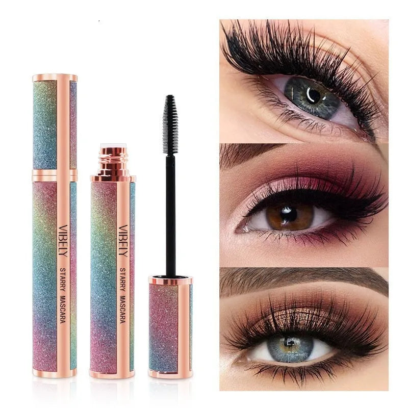 Black 4D waterproof mascara wand with English packaging for long, thick, curling lashes.