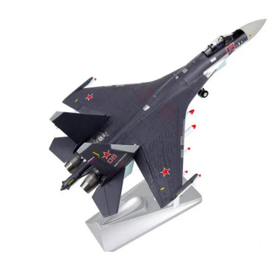 Su35 die-cast model in 1/72 scale with Russian camouflage paint finish on a white background