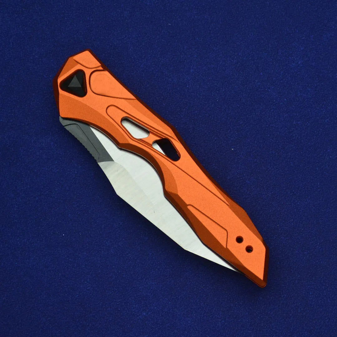 Black folding fruit knife with D2 steel blade and aviation aluminium handle open showing 19cm length