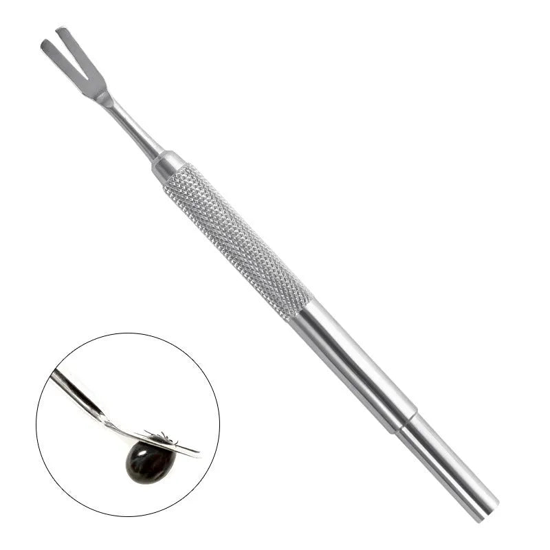 Silver stainless steel tick removal tweezers with fine tips and an ergonomic handle for pets.