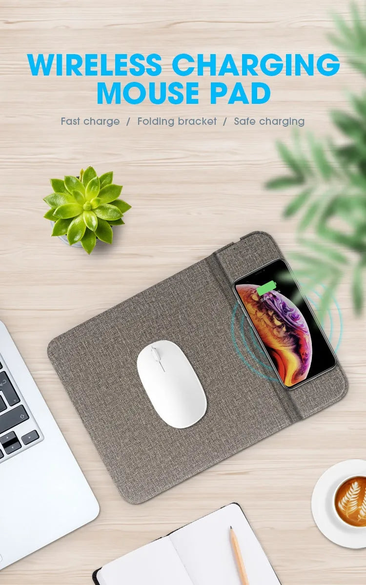 Grey foldable cloth phone holder with wireless charging stand on a desk