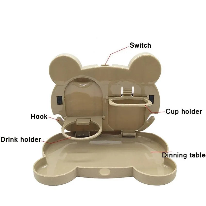 Children's car seat table tray in black, 20x23.5cm, with one-button switch and side hooks for rubbish