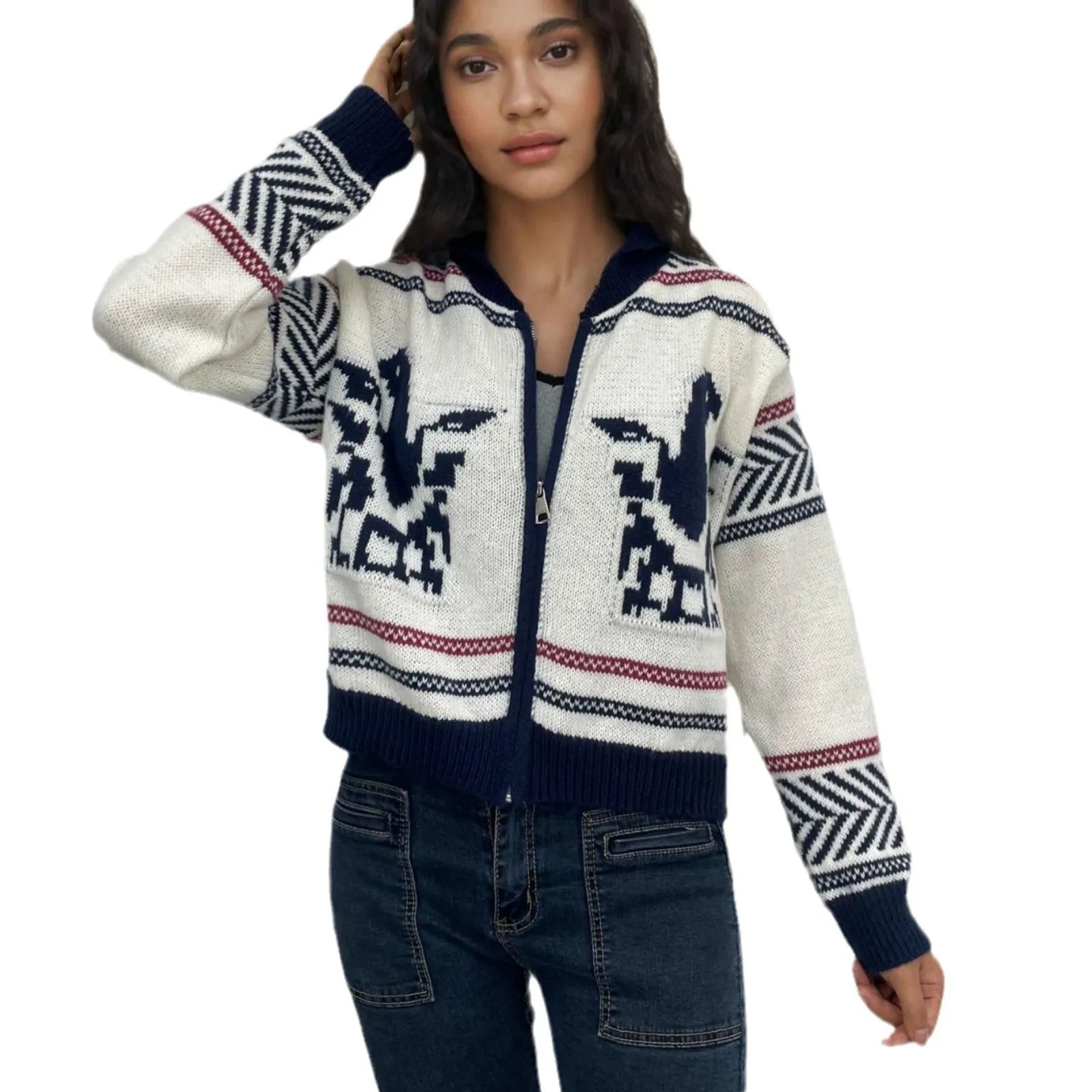 White women's zip-front cardigan with lapel collar and contrasting jacquard stripe pattern on sleeve.
