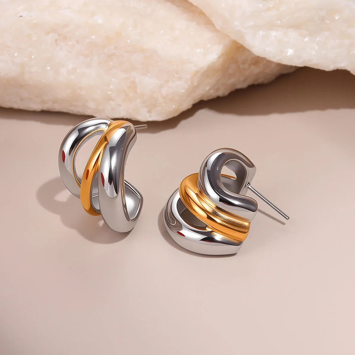 Stainless steel geometric earrings for women with 18K electroplated gold and silver colour matching round ring line design
