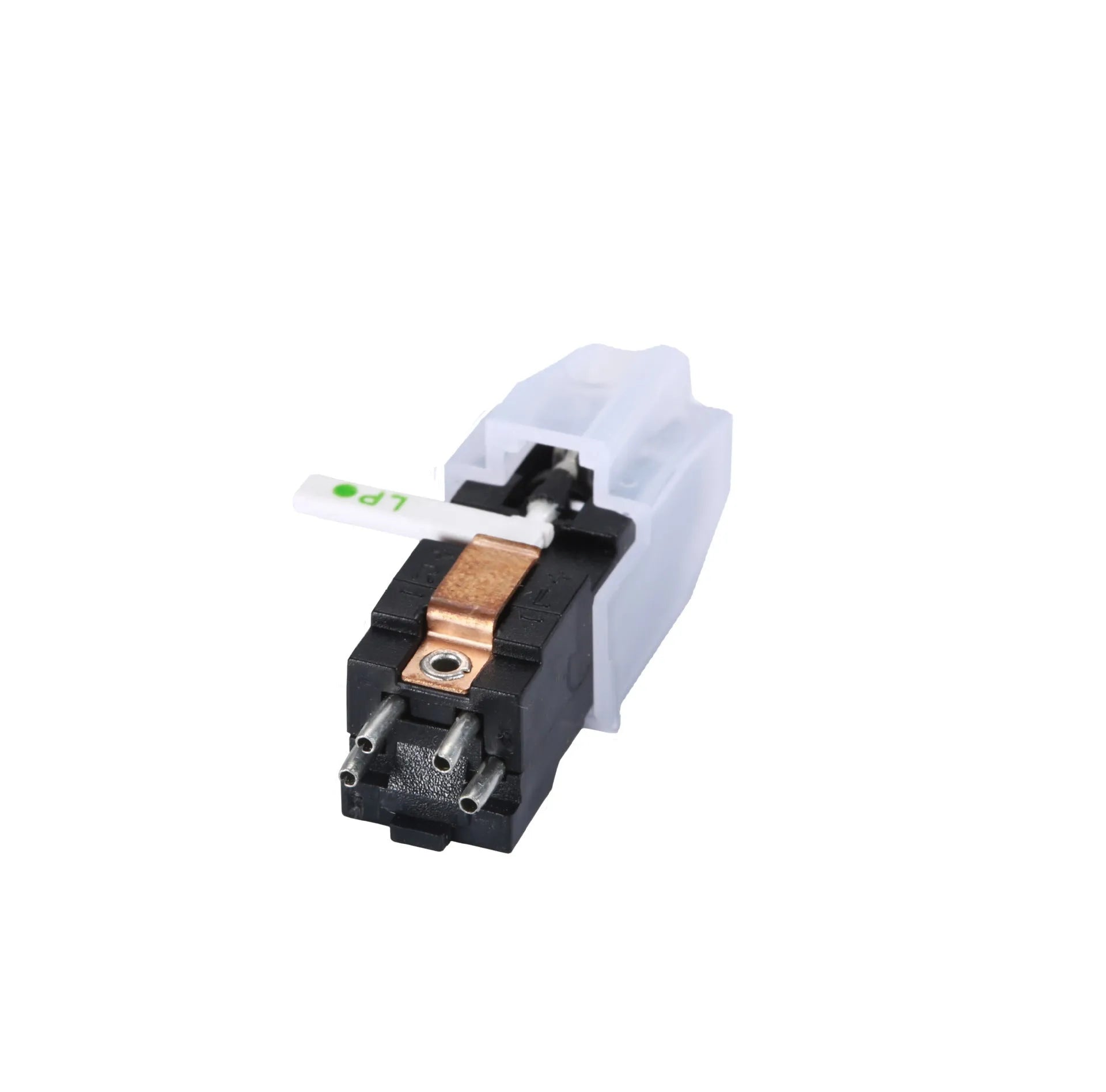 A record player magnetic cartridge with a black ABS shell, measuring 28mm by 10mm.