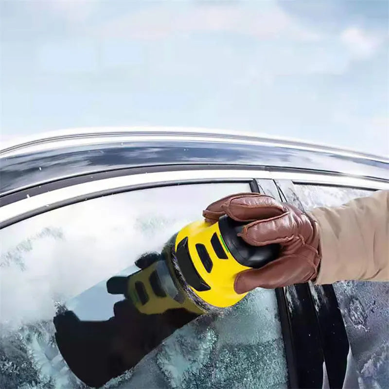 Yellow cordless electric ice scraper with USB charging cable for car windscreen deicing