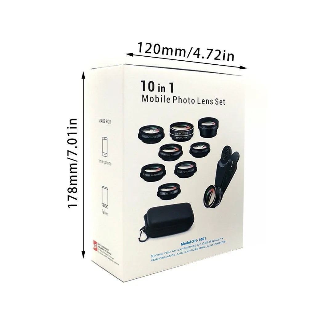 Black ten-in-one mobile phone camera lens kit with aluminium alloy housing on a smartphone