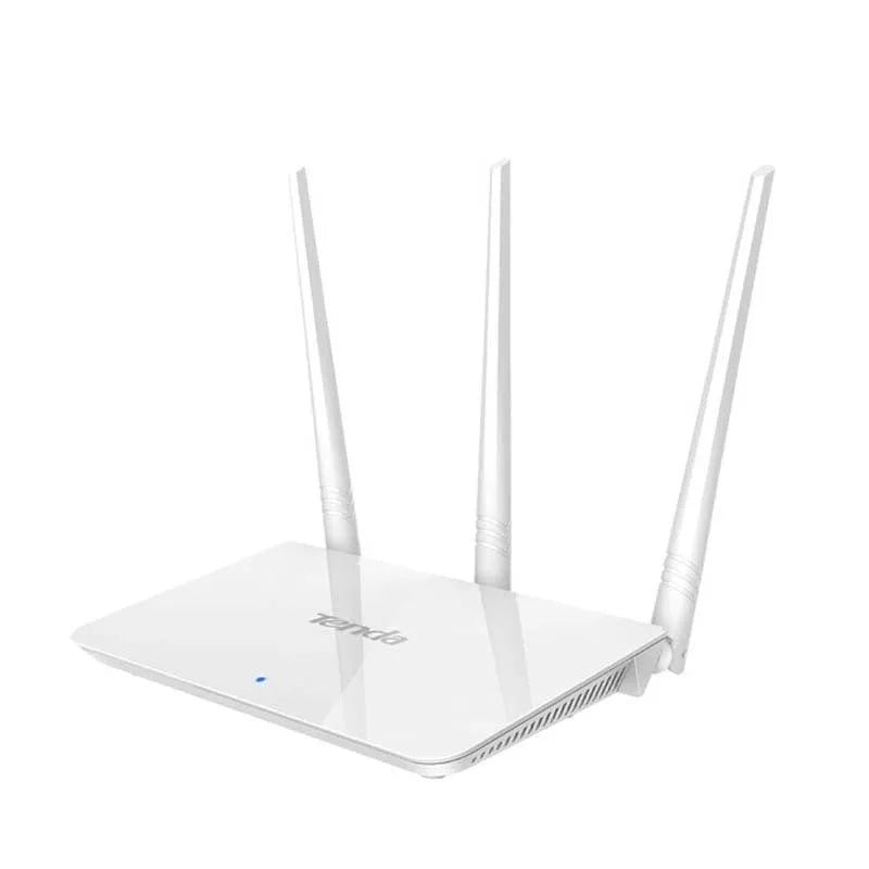 White dual-band wireless router on a desk.
